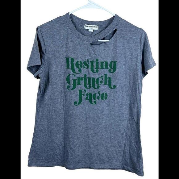 Sub Urban Riot Pullover T-Shirt Womens Size S Resting Grinch Face Gray Holiday - Picture 1 of 3